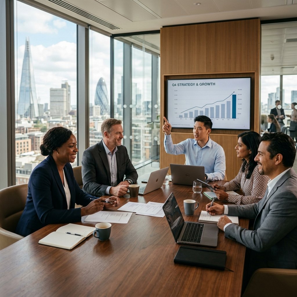 Líderes e equipe colaborando em ambiente corporativo acolhedor